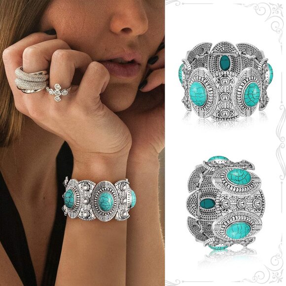 Charming Vintage Turquoise Jewelry Set for Women - Necklace, Earrings & Bracelet - Picture 4 of 7